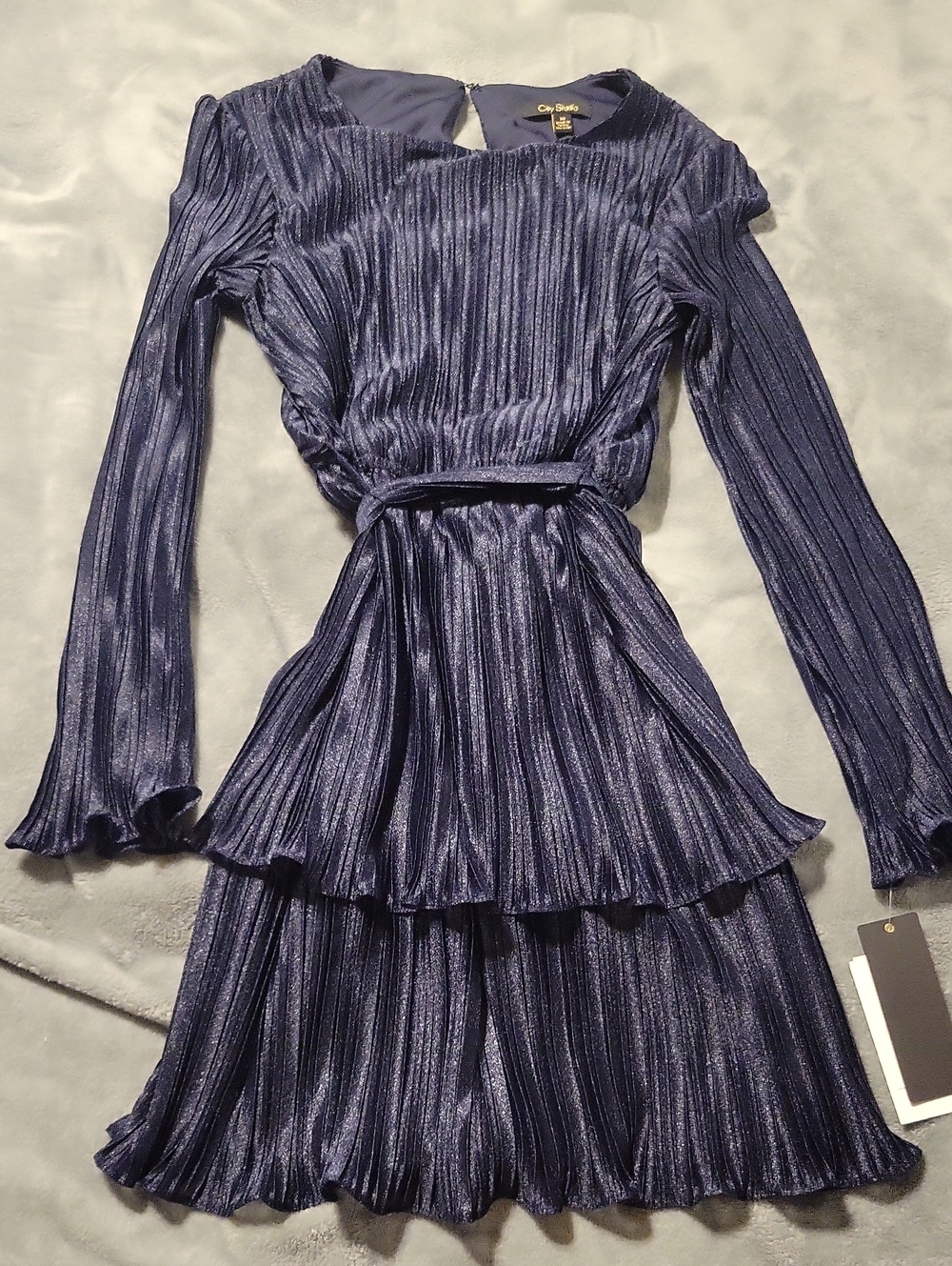 NWT City Studio Shimmer Navy Pleated Long-Sleeve Dress
